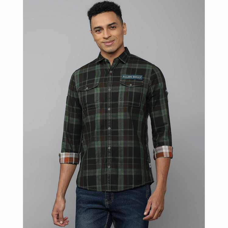 Allen Solly Mens Custom Fit Green Check Casual Shirt