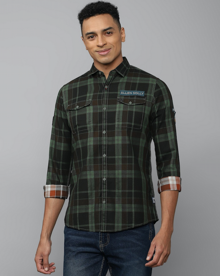 Allen Solly Mens Custom Fit Green Check Casual Shirt