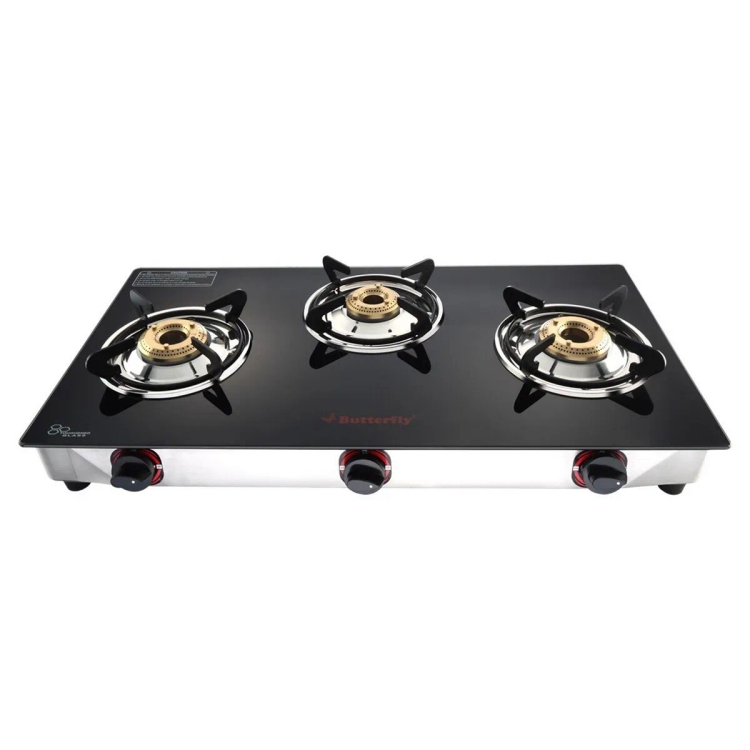 Butterfly Trio Plus Glass Top 3 Burner Gas Stove Black