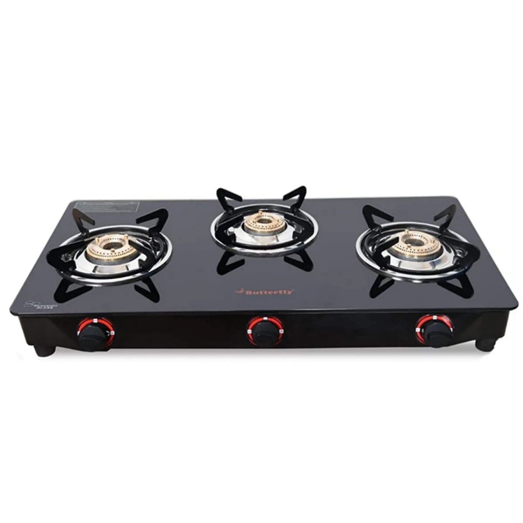 Butterfly Trio Glasstop 3 Burner Gas Stove - Black 