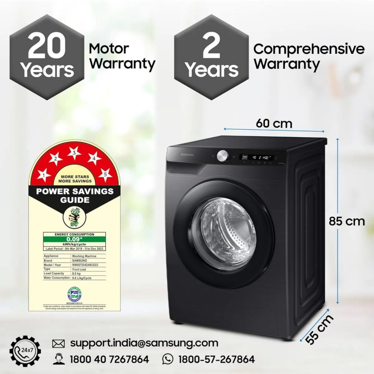 Samsung 8 kg 5 Star Fully Automatic Front Load Washing Machine (WW80T504DAB1TL)
