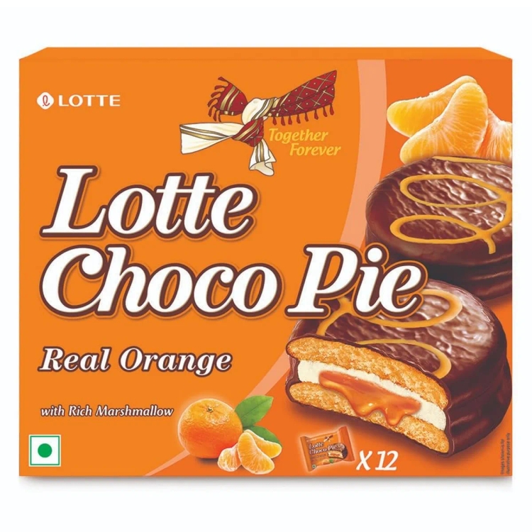Lotte Choco Pie - Orange Pie - Soft Biscuits Coated With Premium Chocolate - (Pack Of 12) - 336G