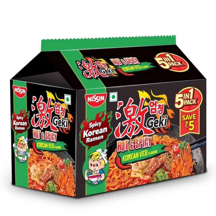 Nissin Geki Hot & Spicy Korean Ramen Instant Noodles Veg (5 In 1 Pack), 400 Gm