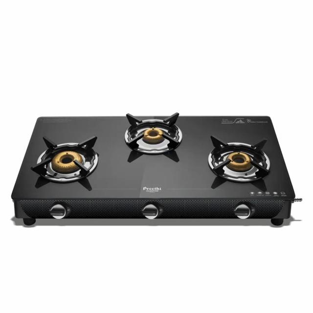 Preethi Valentino Carbon Glass Manual Gas Stove (3 Burners)