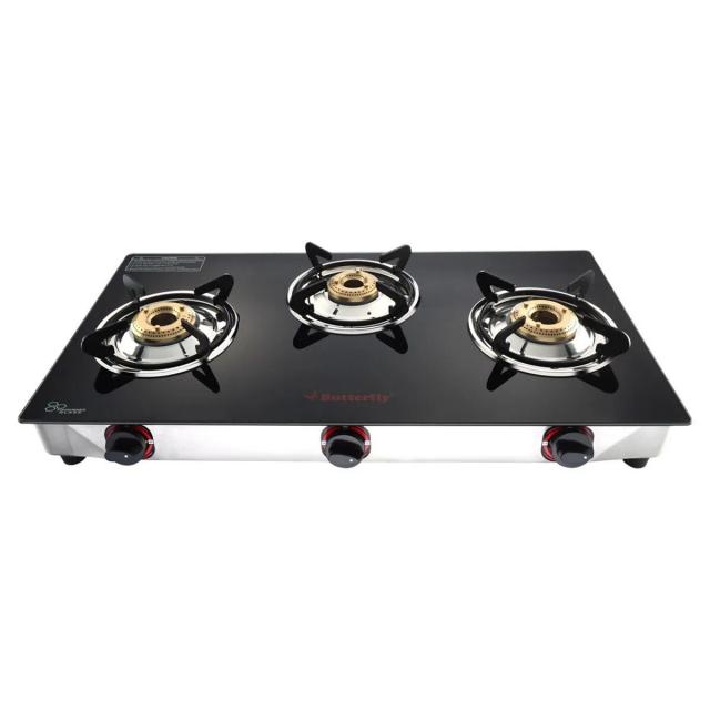 Butterfly Trio Plus Glass Top 3 Burner Gas Stove Black
